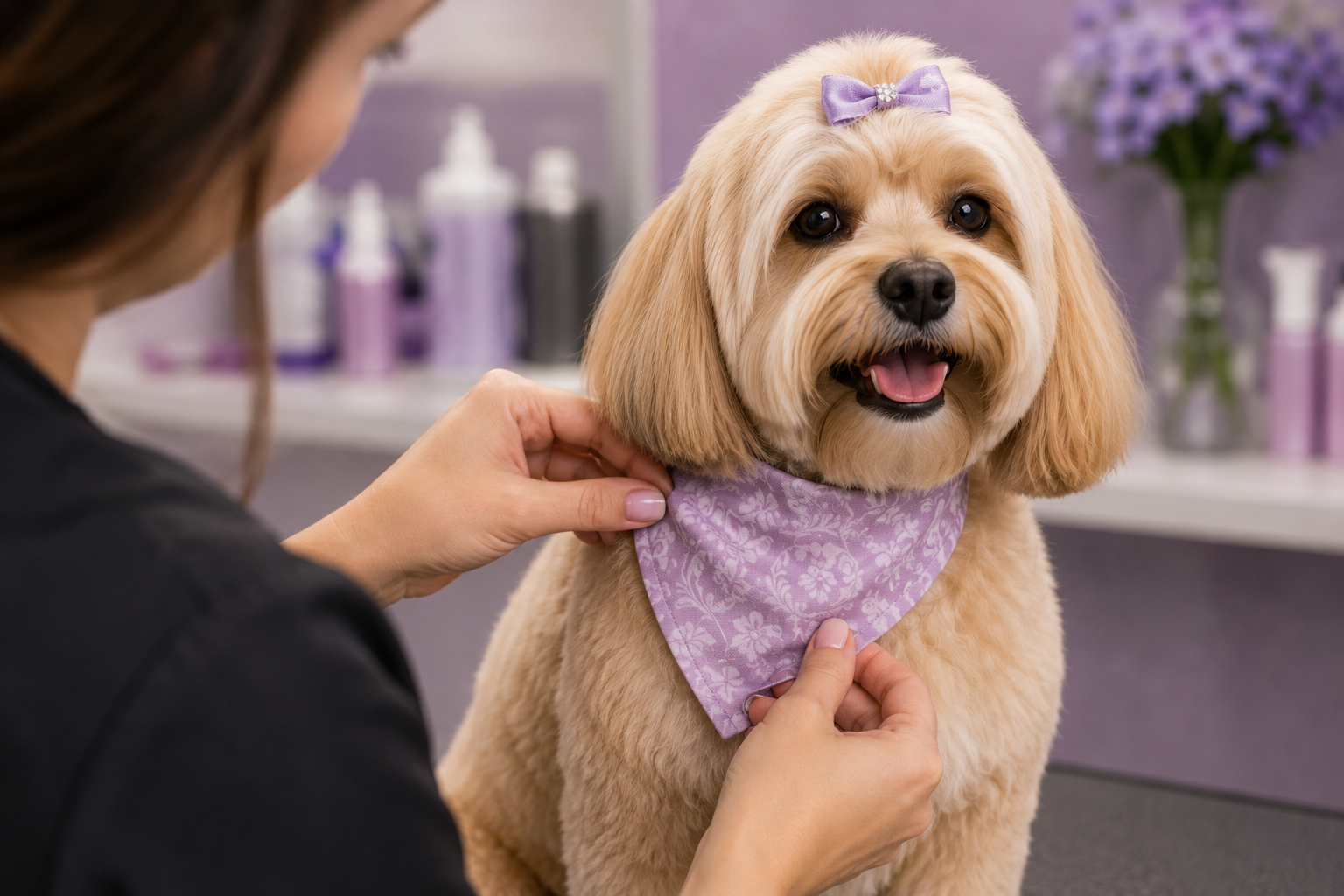 Adding the finishing bandana after grooming.